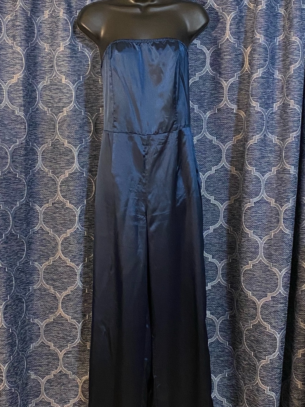 PrettyLittleThing Strapless Navy Satin Jumpsuit